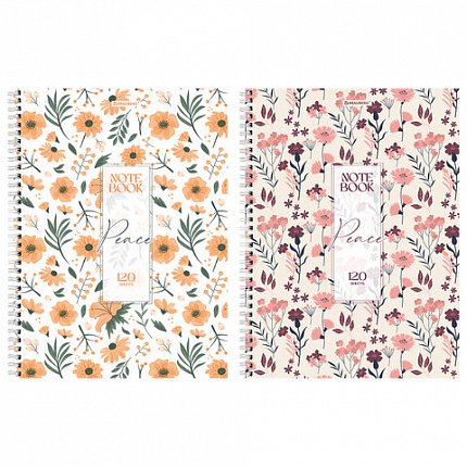 Тетрадь А4, 120 л., BRAUBERG, гребень, клетка, матовая ламинация, "Цветочный паттерн", 405646