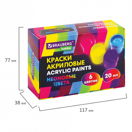 Краски акриловые НЕОНОВЫЕ для рисования и творчества 6 цветов по 20 мл BRAUBERG HOBBY, 192438