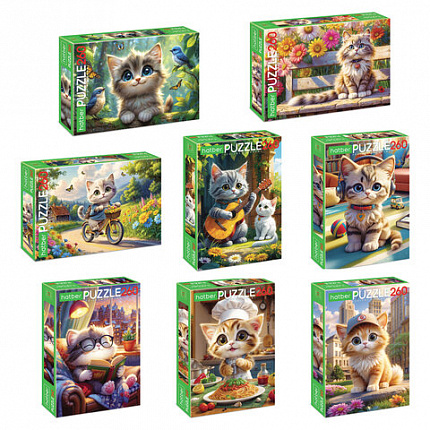 Пазл картонный "КОШАЧЬИ ЗАБАВЫ" 260 элементов АССОРТИ, 220х330 мм, HATBER