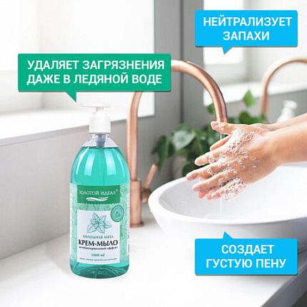 Мыло-крем жидкое с АНТИБАКТЕРИАЛЬНЫМ ЭФФЕКТОМ 1 л ЗОЛОТОЙ ИДЕАЛ "Холодная мята", дозатор, 608285