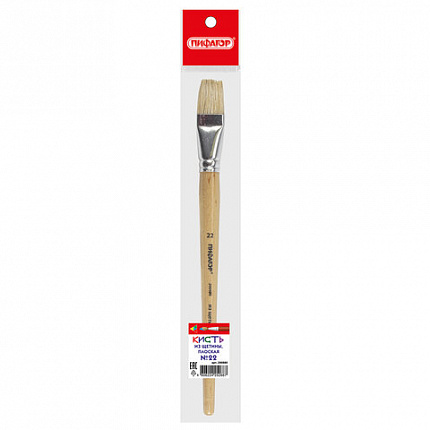 Кисть ПИФАГОР, ЩЕТИНА, плоская, № 22, деревянная лакированная ручка, пакет с подвесом, 200880