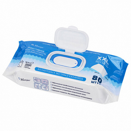 Салфетки влажные для ухода за лежачими больными и интимной гигиены 80 шт., 22х25 см, Д-пантенол, МЕЛОДИЯ, 116527