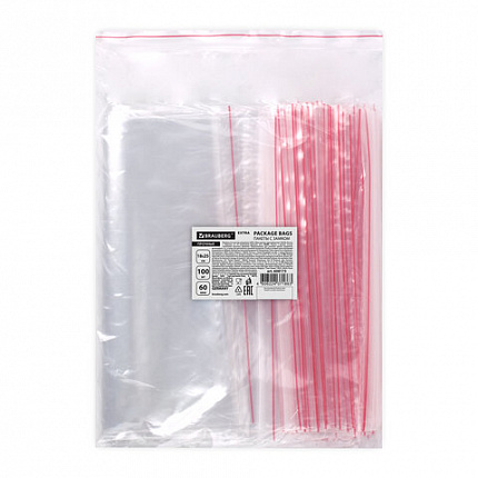 Пакеты ZIP LOCK "зиплок" ПРОЧНЫЕ, комплект 100 шт., 180х250 мм, ПВД, 60 мкм, BRAUBERG EXTRA, 608173