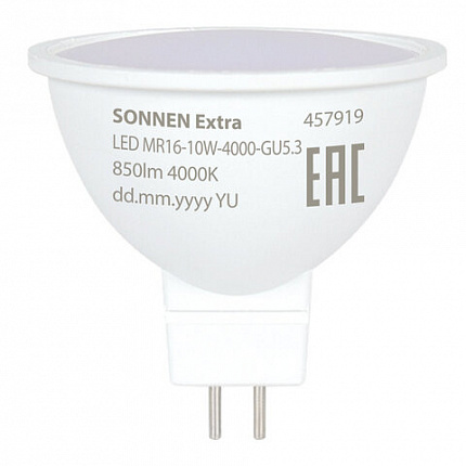 Лампа светодиодная SONNEN EXTRA, 10 (90) Вт, GU5.3, софит, нейтральный белый, 30000 ч, LED MR16-GU5.3-10W-4000, 457919