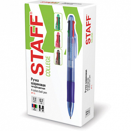 Ручка многоцветная шариковая автоматическая STAFF "College" 4 ЦВЕТА BP-15, линия письма 0,35 мм, 143748