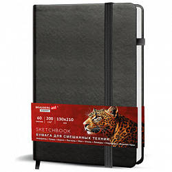 Скетчбук для смешанных техник MixMedia, 200 г/м2, 130х210 мм, 60 л., КОЖЗАМ, резинка, BRAUBERG ART CLASSIC, 116969
