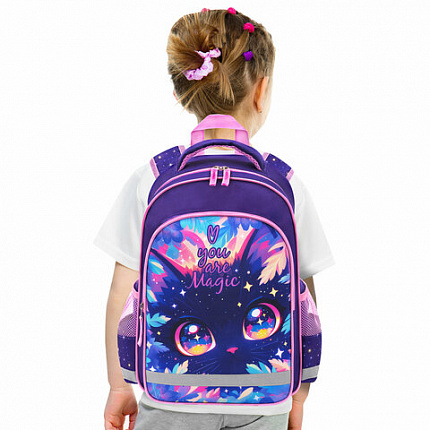 Рюкзак ПИФАГОР SCHOOL, 1 отделение, 3 кармана, "Magic kitty", 38x28х14 см, 273166