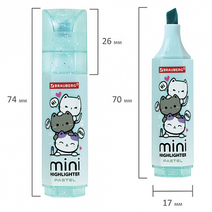 Текстовыделитель мини с принтами BRAUBERG "PASTEL", АССОРТИ В ПЛАСТИКОВОЙ БАНКЕ, 1-5 мм, 152536