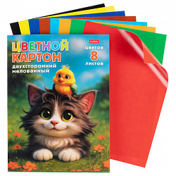Картон цветной А4, 2-сторонний, МЕЛОВАННЫЙ, 8 листов, 8 цветов, в папке, HATBER, 195х280 мм, "Мурчалкин", 094750, 8Кц4_36050