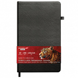 Скетчбук для смешанных техник MixMedia, 200 г/м2, 130х210 мм, 60 л., КОЖЗАМ, резинка, BRAUBERG ART CLASSIC, 116969