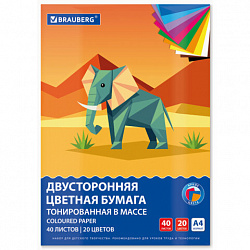 Цветная бумага А4 ТОНИРОВАННАЯ В МАССЕ, 40 листов, 20 цветов, склейка, 80 г/м2, BRAUBERG, 116339