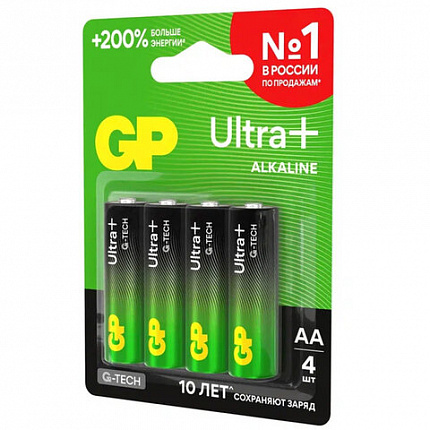 Батарейки КОМПЛЕКТ 4 шт., GP Ultra Plus G-Tech, AA (LR6), алкалиновые, пальчиковые, 15AUPA21-2CRSB4