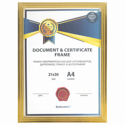 Рамка 21х30 см небьющаяся, багет 15 мм пластик, BRAUBERG "Respect", золотистая, 391272