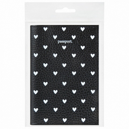 Обложка для паспорта натуральная кожа флоттер, принт "Сердечки", цвет черный, BRAUBERG, 238867