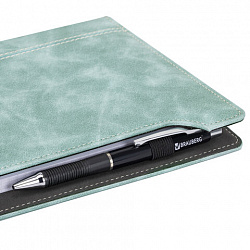 Блокнот А5 165x218 мм, BRAUBERG "Perfect", под кожу софт-тач, держатель для ручки, 80 листов, клетка, серо-голубой, 116615