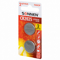 Батарейки литиевые SONNEN Lithium CR2025, "таблетки, дисковые, кнопочные", КОМПЛЕКТ 2 шт., блистер, 457139