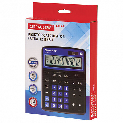 Калькулятор настольный BRAUBERG EXTRA-12-BKBU (206x155 мм), 12 разрядов, двойное питание, ЧЕРНО-СИНИЙ, 250472