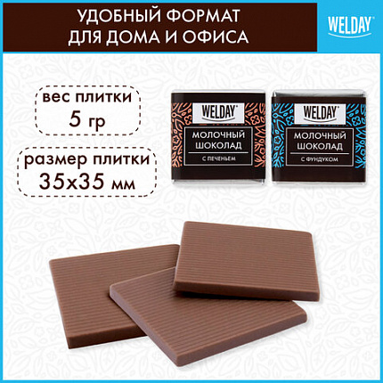 Шоколад порционный с фундуком и печеньем WELDAY (ВЭЛДЭЙ), молочный 27%, 400 г (80 плиток по 5 г), 622408