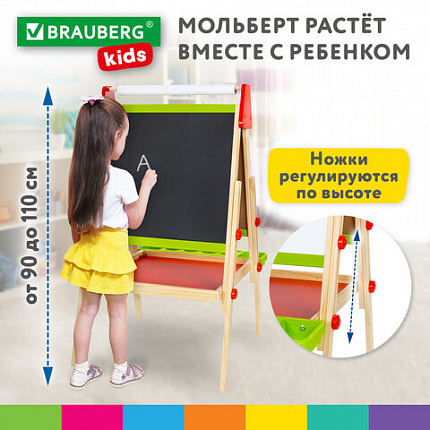 Мольберт растущий 3 в 1 для мела/магнитно-маркерный 48х43 см, BRAUBERG KIDS, 238151
