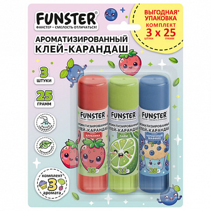 Клей-карандаш ароматизированный FUNSTER (ФАНСТЕР) (клубника, лайм, черничный маффин), 25 г, ВЫГОДНАЯ УПАКОВКА, 3 штуки на блистере, 274271