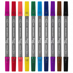 Фломастеры двусторонние BRAUBERG "PREMIUM" "DUAL-TIP", 10 шт., 10 цветов, два наконечника, картонная коробка с европодвесом, 151946