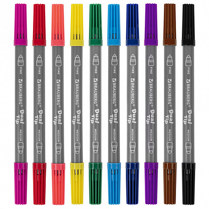 Фломастеры двусторонние BRAUBERG "PREMIUM" "DUAL-TIP", 10 шт., 10 цветов, два наконечника, картонная коробка с европодвесом, 151946