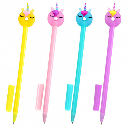 Ручка с топпером шариковая ЮНЛАНДИЯ "Единорог-пончик", корпус ассорти, СИНЯЯ, пишущий узел 0,7 мм, 143803