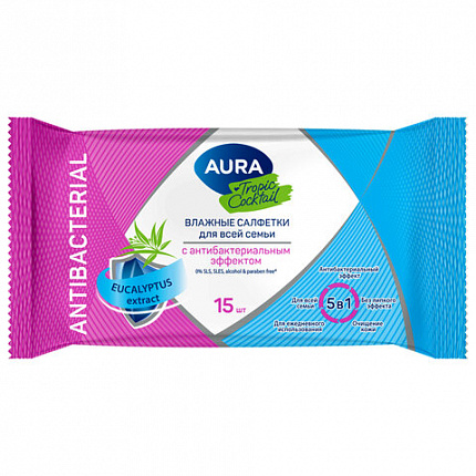Салфетки влажные 15 шт., AURA Tropic Cocktail, c антибактериальным эффектом, 10388