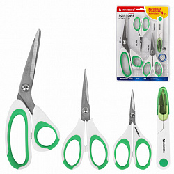 Ножницы BRAUBERG "MAXI" КОМПЛЕКТ 4 шт.: 115, 145, 205 мм + сниппер (для ниток), бело-зеленые ручки, 272982