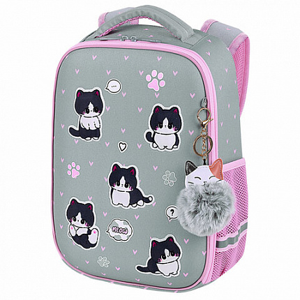 Ранец BRAUBERG LIGHT, 1 отделение, с брелком, "Cat patches", плюшевые нашивки, 36х26х13 см, 272030