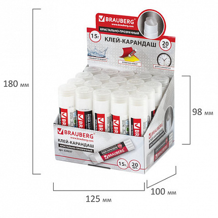 Клей-карандаш BRAUBERG "Crystal", прозрачный, 15 г, 224337