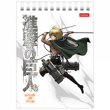 Блокнот МАЛЫЙ ФОРМАТ А6 110х145 мм, 40 л., гребень, лакированный, клетка, HATBER "Атака Титанов", 40Б6В1гр