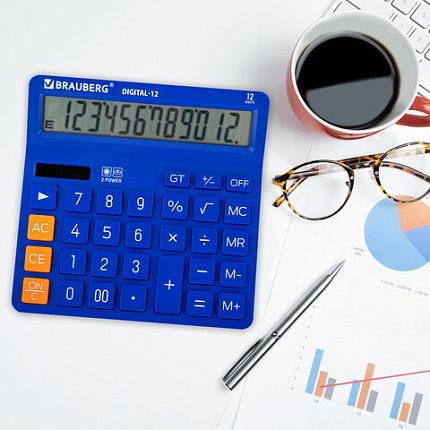 Калькулятор настольный BRAUBERG DIGITAL-12-BL (151х152 мм), 12 разрядов, двойное питание, СИНИЙ, 272969