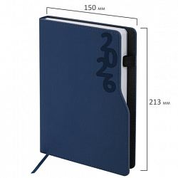 Ежедневник датированный 2026, А5, 150x213 мм, BRAUBERG "Up", под кожу, софт-тач, держатель для ручки, синий, 117118