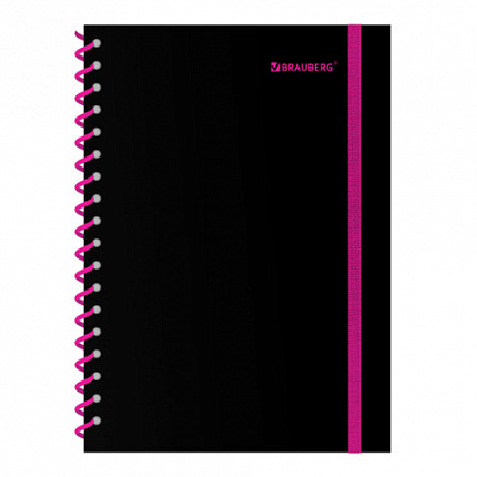 Тетрадь обложка пластик, А5 80л. спираль пластик, резинка, клетка, BRAUBERG, черный/розовый, 405384