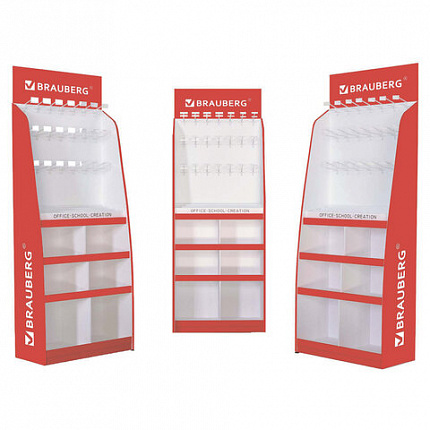 Стойка для размещения товара напольная усиленная BRAUBERG, 210х78х40 см, 4 полки, 30 ячеек, 21 крючок, 504341
