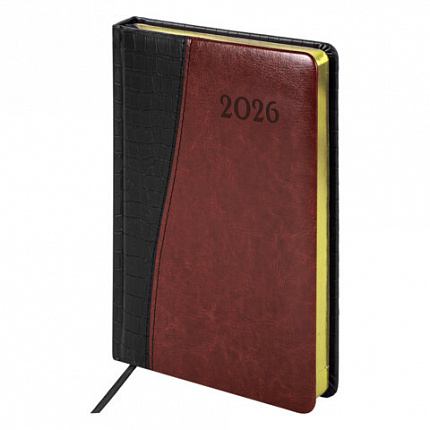Ежедневник датированный 2026, А5, 138x213 мм, BRAUBERG "Cayman", под кожу, черный/коричневый, 117045