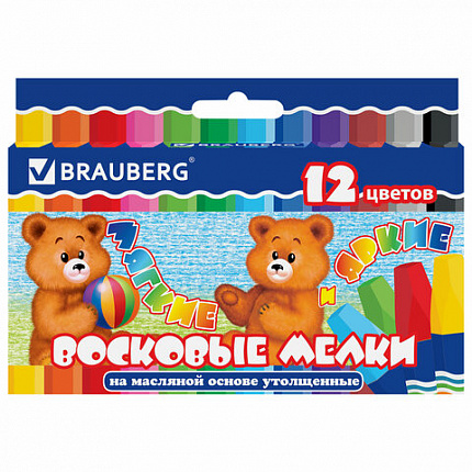 Восковые мелки утолщенные BRAUBERG, НАБОР 12 цветов, на масляной основе, яркие цвета, 222970