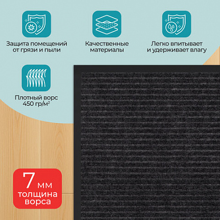 Коврик придверный 40х60 см, ЧЕРНЫЙ, влаго-грязезащитный, 450 г/м2, ребристый, PRIMILA (ПРИМИЛА) EXTRA, 701027