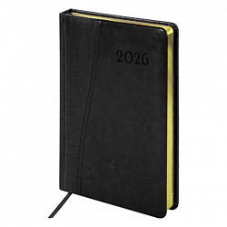 Ежедневник датированный 2026, А5, 138x213 мм, BRAUBERG "Cayman", под кожу, черный, 117047