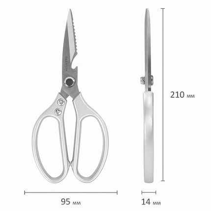 Ножницы кухонные DASWERK (ДАСВЕРК), 210 мм, с открывашкой, зазубренные, металлические ручки, 608901
