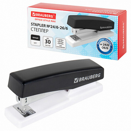 Степлер №24/6, 26/6 BRAUBERG "STYLE MAX", до 30 листов, черный, 272749