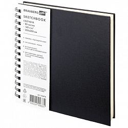 Скетчбук, слоновая кость 140 г/м2 200х200 мм, 80 л., КОЖЗАМ, гребень, BRAUBERG ART CLASSIC, черный, 116476