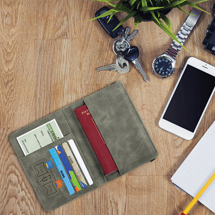 Обложка для паспорта и документов с защитой от считывания, 9 карманов, резинка, экокожа, серая, BRAUBERG, 238749