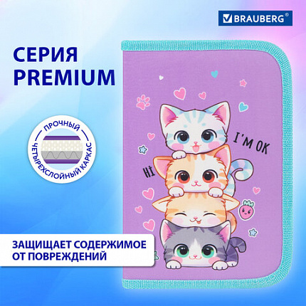 Пенал BRAUBERG, 1 отделение, 1 откидная планка, полиэстер, 21х14 см, "Funny kittens", 273523