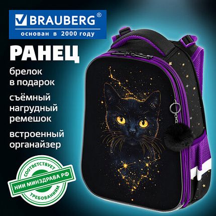 Ранец BRAUBERG ORIGINAL, 2 отделения, с брелком, "Galactic cat", 38х29х16 см, 274403