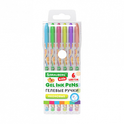 Ручки гелевые НЕОНОВЫЕ BRAUBERG KIDS "CUTE ANIMALS", НАБОР 6 ЦВЕТОВ, корпус с печатью, узел 1 мм, линия письма 0,7 мм, 144442