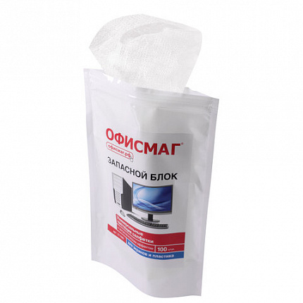 Салфетки для экранов всех типов и пластика (запасной блок) ОФИСМАГ, пакет 100 шт., влажные, 511686