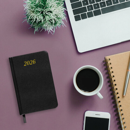 Ежедневник датированный 2026, МАЛЫЙ ФОРМАТ 100х150 мм, А6, BRAUBERG "Iguana", под кожу, черный, 117252