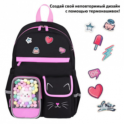 Рюкзак BRAUBERG PASTEL с термонашивками в комплекте, "Black kitty", черный, 40х29х14 см, 273128